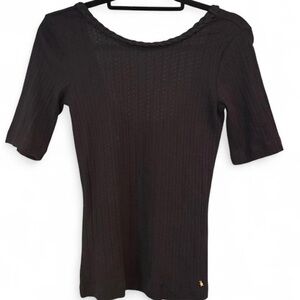 Des Petit Hauts Black Pointelle Rib Braided Neck Trim Women's Knit Top